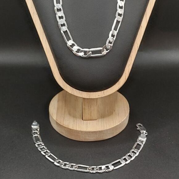 925 Silver Figaro Chain Necklace Bracelet Set 8mm Anniversary Birthday Gift - Picture 1 of 6